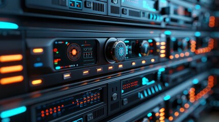 Close-up view of illuminated server racks showcasing technology and data processing in a modern data center