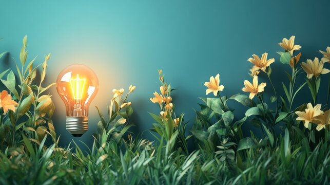 Glowing lightbulb in grass with flowers, nature background; idea concept