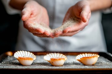 Moody Culinary Artistry Chefs Hands Seasoning Scallops with Fresh Pepper - Refined Seafood Aesthetics for Premium Restaurant Marketing and Elegant Digital Content