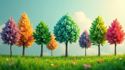 Vibrant Rainbow Trees in a Lush Green Meadow Under a Serene Sky