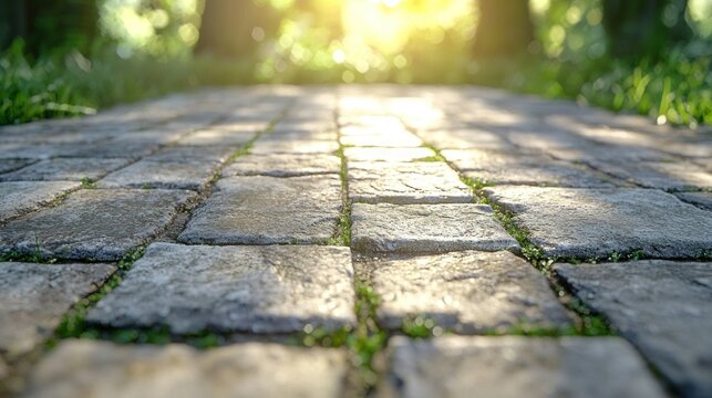 Sunlit park path, low angle, grass, trees, background blur, ideal texture