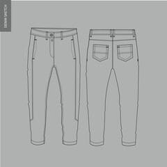 Men's denim trouser pants front and back view flat sketch fashion illustration, five pockets rip denim pants vector template.