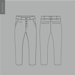 Men's denim trouser pants front and back view flat sketch fashion illustration, five pockets rip denim pants vector template.