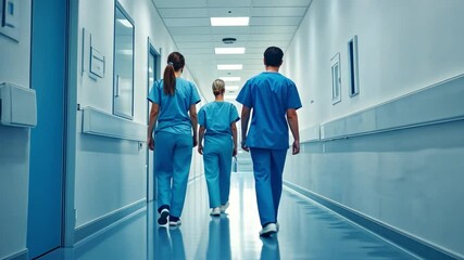Medical Team Walking Hospital Corridor: Three healthcare professionals in light blue scrubs walk down a bright hospital corridor, their backs to the camera.