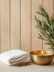 Tranquil Ayurveda Retreat Brass Bowl with Herbal Oil and Wooden Backdrop for Wellness Marketing and Eco-Friendly Spa Design