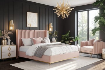 Fototapeta premium Elegant Pink Bedroom Design With Gold Accents And Natural Light