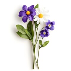 Naklejka premium a small bouquet with two daisies and two violets, long stem in a white background