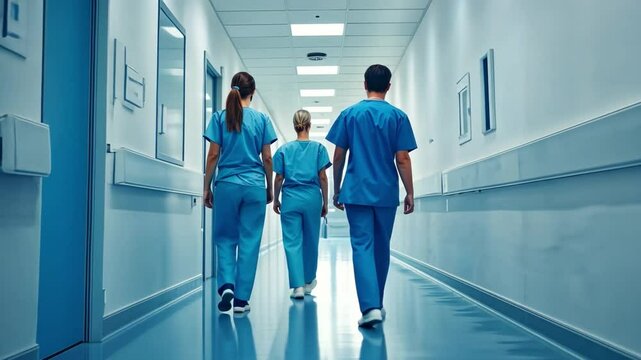 Medical Team Walking Hospital Corridor: Three healthcare professionals in light blue scrubs walk down a bright hospital corridor, their backs to the camera.