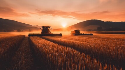 Two combines harvesting wheat at sunset.