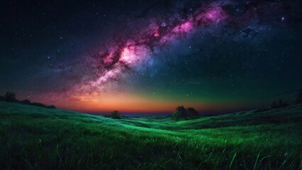 Fototapeta premium Night sky with swirling galaxies, stars, and glowing plants in a mystical, dreamy landscape.