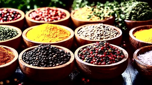 Assortment of Colorful Spices in Wooden Bowls