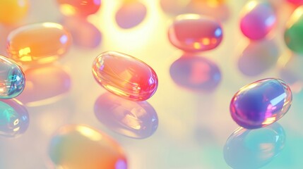 Multicolored capsules gleam under soft light in an artistic composition