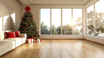 Fototapeta premium Cozy living room decorated for the holidays with a Christmas tree and gifts, sunlight streaming in