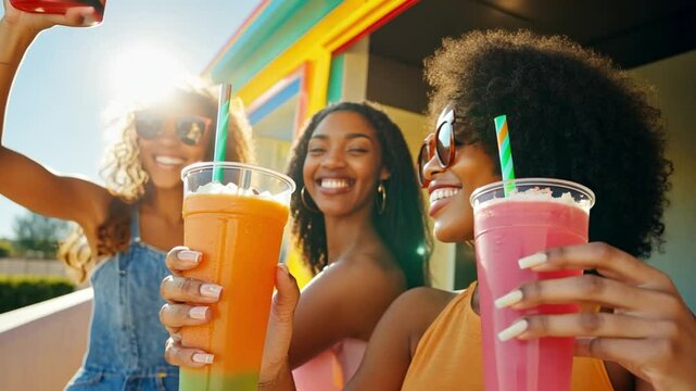 Friends enjoying smoothies at a colorful food truck, taking selfies while holding their drinks in the warm summer sun.