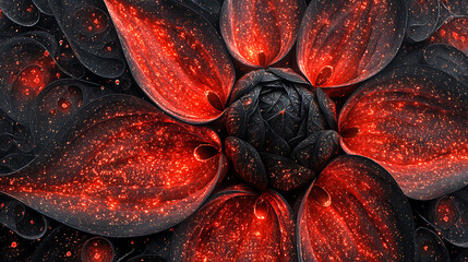 Intricate fractal art depicting a fiery, red and black flower.  Glowing embers illuminate the petals, creating a mesmerizing, otherworldly bloom.