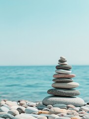 Fototapeta premium Stones stacked on beach shore, symbolizing tranquility and mindfulness.
