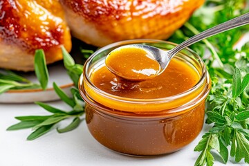 Vibrant Sweet and Tangy Sauce Jar - Flavorful, homemade sauce, perfect for poultry, rich amber color, sweet and tangy taste, delicious addition to meals. Symbolizes:  home-cooking, deliciousness, flav