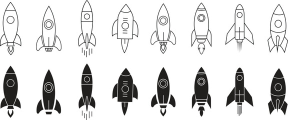 Startup Rocket line and flat icon set. System booster vector sign, isolated on transparent background. Rocket launch symbol. Editable stroke.