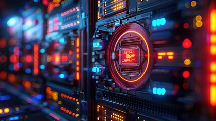 Obraz premium Futuristic server room showcasing vibrant LED lights and intricate technology in action