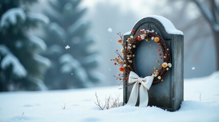 A winter's day wreath adorns a weathered stone monument, covered in fresh snowfall, a serene scene of remembrance in a tranquil snowy landscape.