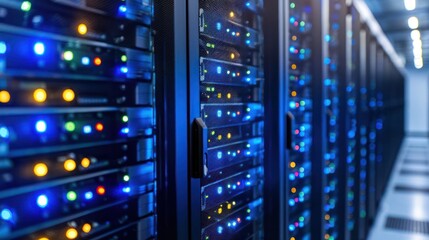 Modern data center showcasing rows of servers with vibrant LED lights in a high-tech environment