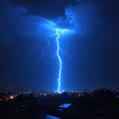 Powerful Lightning Strike Over City At Night