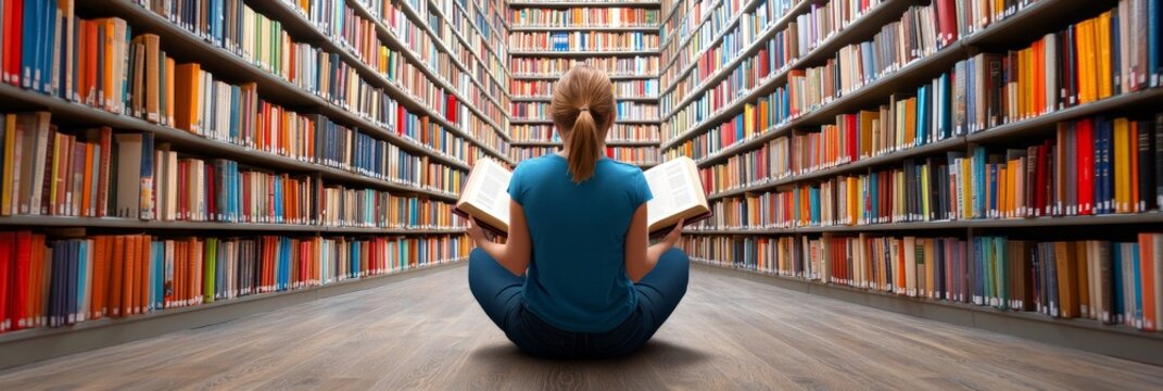 Woman Reading in Grand Library - A young woman sits cross-legged on the floor of a large library, engrossed in a book, surrounded by towering bookshelves.