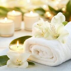 Create a serene spa atmosphere with essential towels, candles, and fresh flowers for ultimate relaxation and wellness. Generative AI