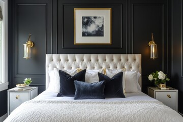 Elegant Bedroom Interior Design with Dark Walls and White Bedding