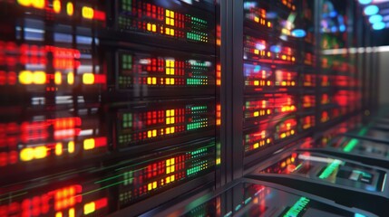 Fototapeta premium Vibrant data center interior with illuminated server racks showcasing technology in action