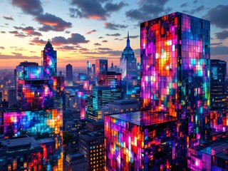 Vibrant, colorful cityscape with reflections.