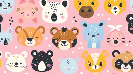 A seamless pattern with cute cartoon animal faces.