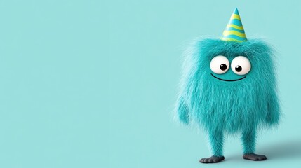 Fototapeta premium Joyful Fluffy Blue Monster Celebrating a Party