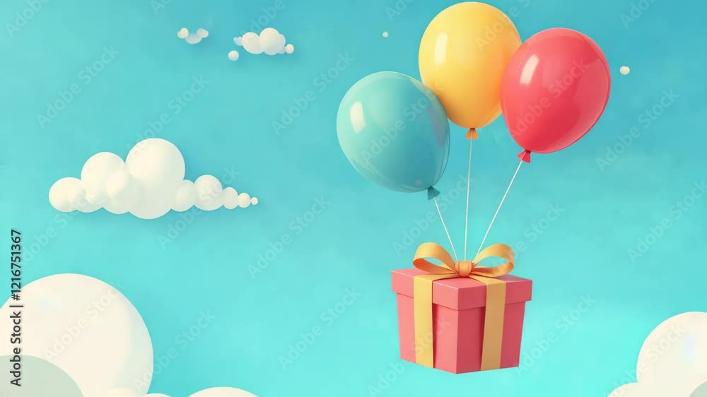 Aufkleber blue blurred background. a box with a red ribbon on top of a cloud. there are three balloons in the 