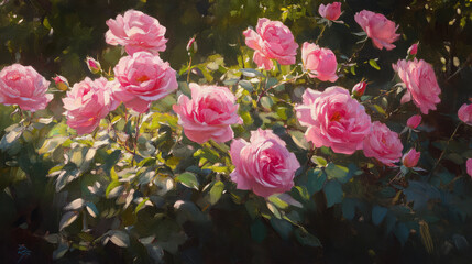 "explore vibrant pink roses with impressionist oil painting style in lush garden setting"