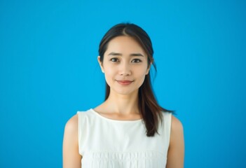 Portrait of an Asian woman on a bright blue background