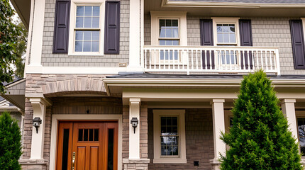 Fototapeta premium Elegant Home Exterior: Brick, Stone, and Shingle Design. Features a charming balcony, columns, and a welcoming entrance. Ideal for real estate and architectural inspiration.