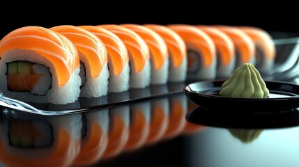Colorful Sashimi Rolls with Soy Sauce and Wasabi