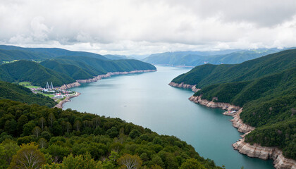 Fototapeta premium Aerial view of serene hydroelectric reservoir in forested mountains, tranquility