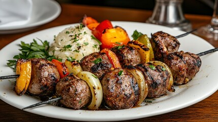 Grilled Meat Skewers with Colorful Vegetables and Seasoned Rice on a White Plate