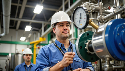 Workers inspecting pressure gauges in thermal power plant, mechanical operations