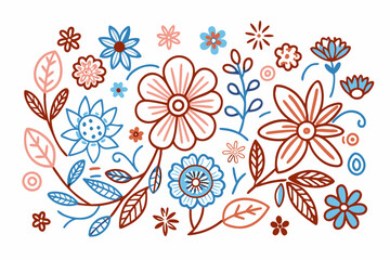 Botanical line background with flowers and leaves. Floral foliage pattern
