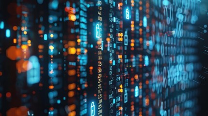 Obraz premium Abstract digital data visualization with glowing locks and numbers representing cybersecurity trends