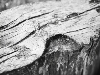 A piece of wood with a hole in it. The hole is in the middle of the wood and is surrounded by a white border. The wood appears to be old and weathered, giving it a sense of history and character