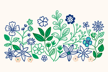 Botanical line background with flowers and leaves. Floral foliage pattern