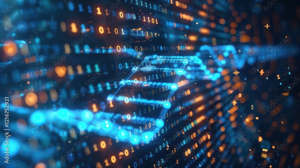 Poster abstract digital data visualization with glowing binary code and wave patterns in a tech environment