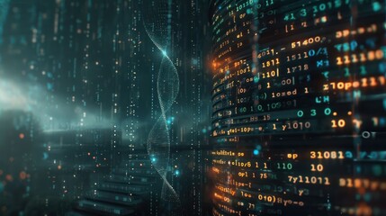 Obraz premium Abstract representation of digital data flow with DNA helix and glowing binary code in background