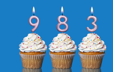 Birthday Cupcakes With Candles Lit Forming The Number 983