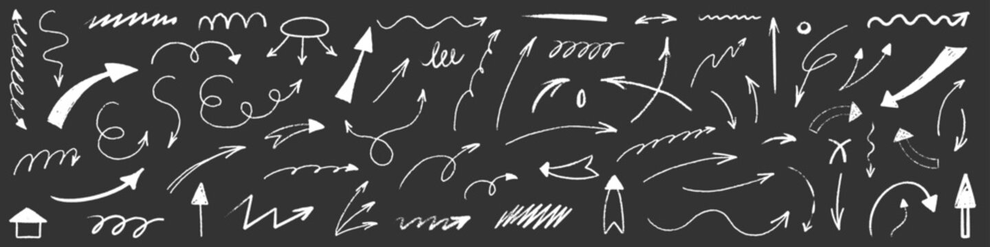Arrow sketch with texture crayon chalk. Scribble hand drawn set arrow and underline white on black background. Underline crayon chalk set, Vector illustration