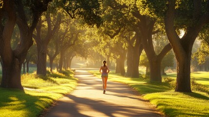 Fototapeta premium Young woman jogging on a country road at sunrise under oak trees canopy